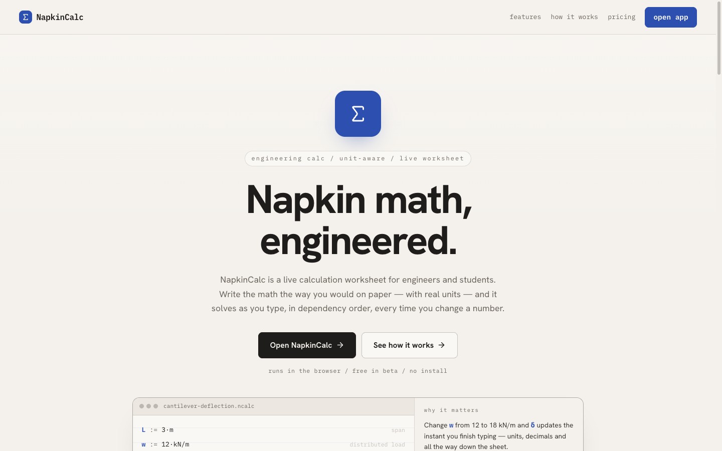NapkinCalc live engineering calculation worksheet