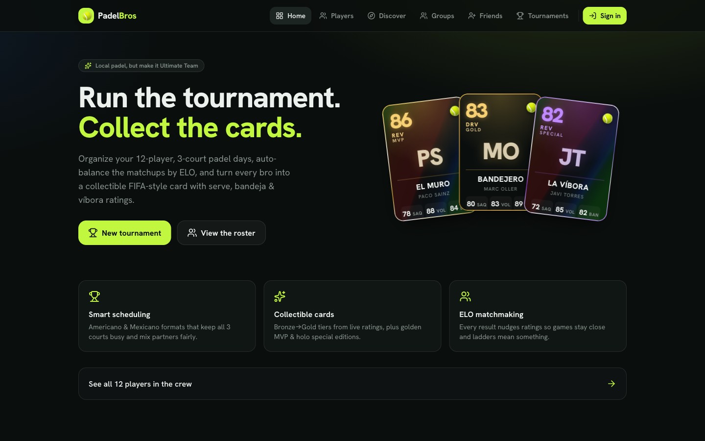 Padel Bros — padel tournaments with FIFA-style collectible player cards