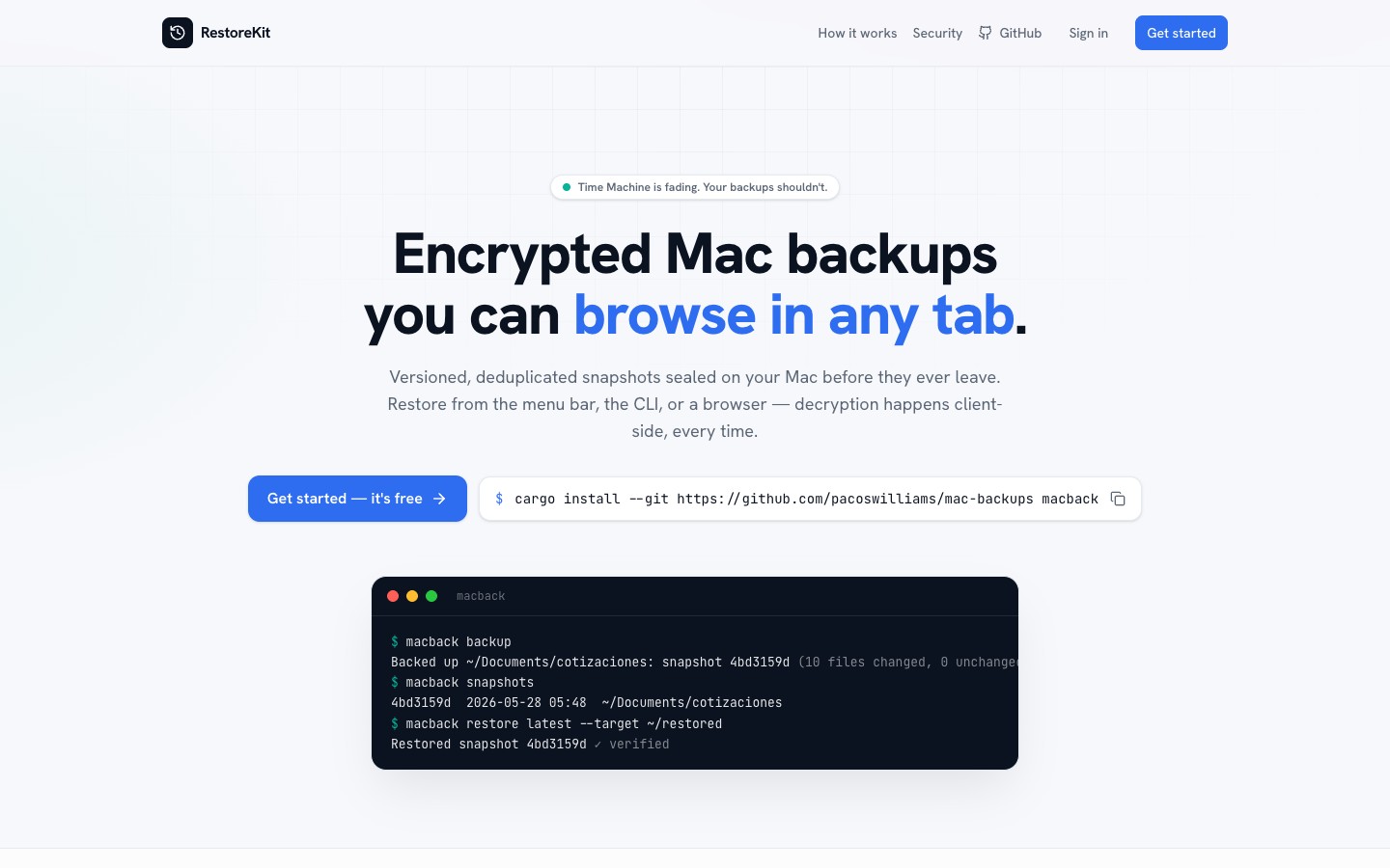 RestoreKit web dashboard for browsing encrypted backups