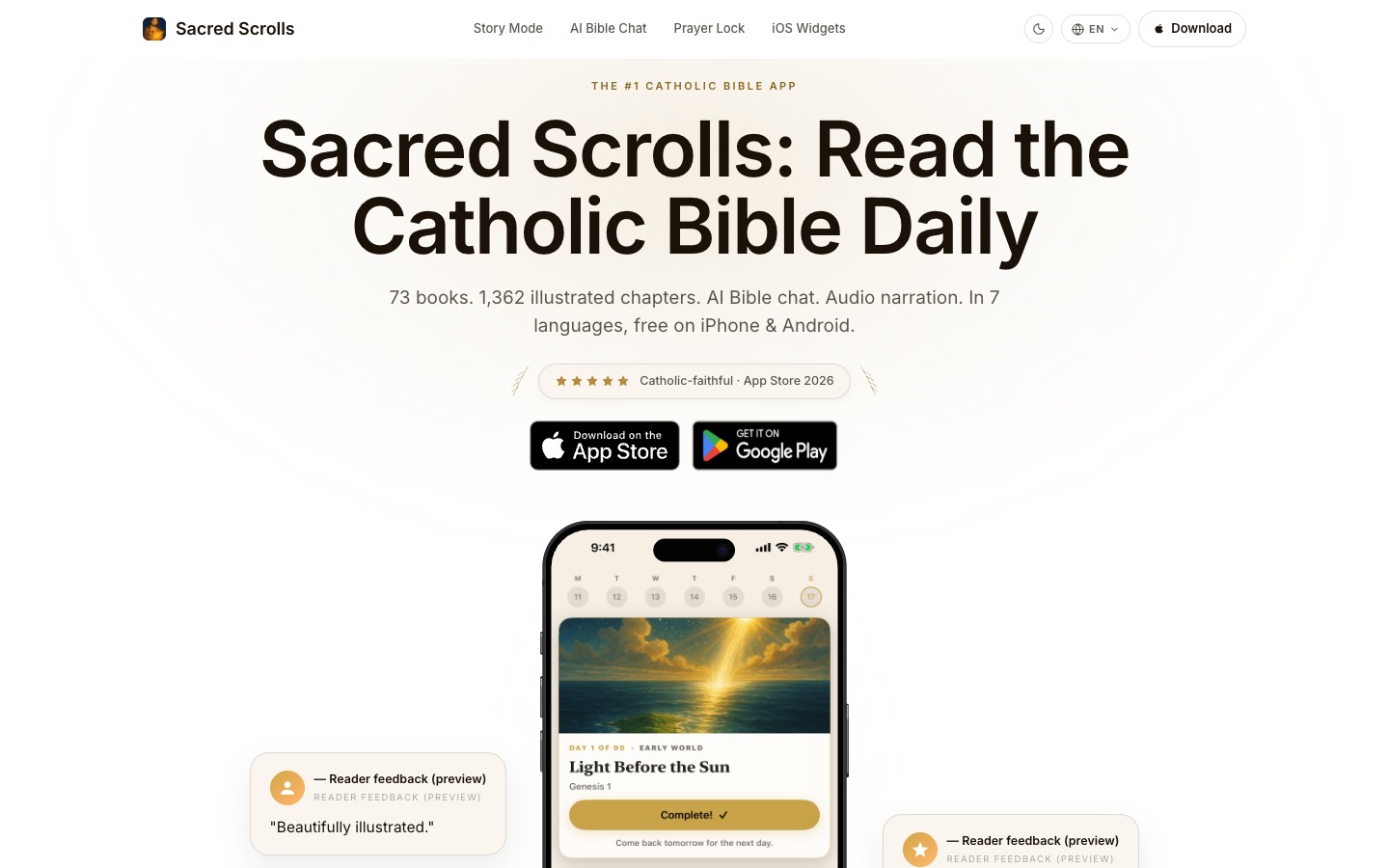 Sacred Scrolls website with the iOS reading app